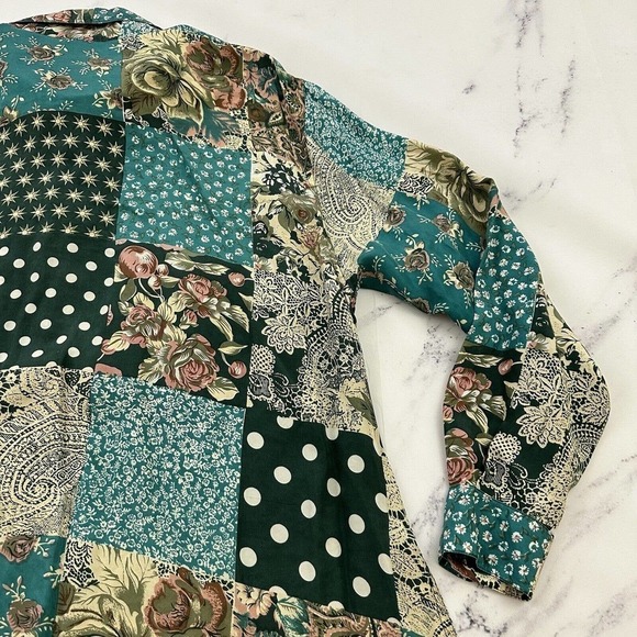 Via Max Womens Vintage 90s Silk Oversize Shirt Size S Green Tan Mixed Floral - Picture 10 of 12